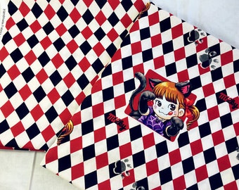 Halloween Cat Girl Plaid Fabric: Red, Black & White 100% Cotton