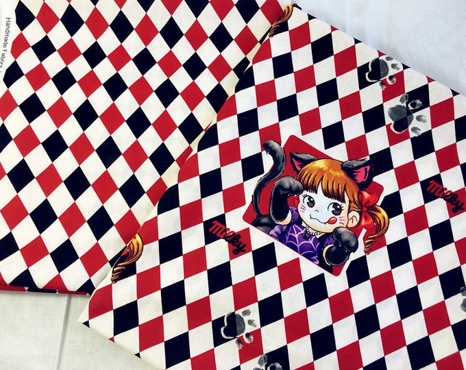 Halloween Cat Girl Plaid Fabric: Red, Black & White 100% Cotton