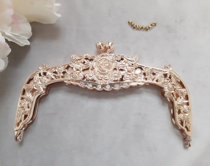 Vintage Golden Rose Kiss Lock Purse Frame - 6.3'' DIY Fitting (Free Pattern)