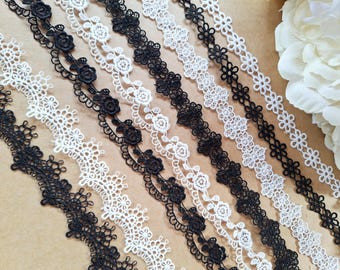 Flower Lace Ribbon: Black & White Polyester Trim By The Yard