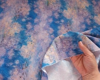 Impressionism Blue Sky Cotton Fabric: Monet Oil Painting Calico
