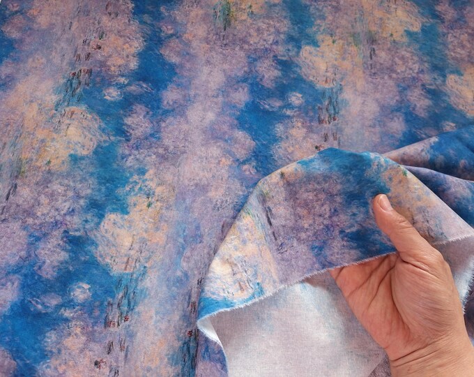 Impressionism Blue Sky Cotton Fabric: Monet Oil Painting Calico