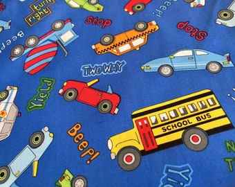School Bus Cotton Fabric: Blue Truck Car Print - Quilting & Patchwork