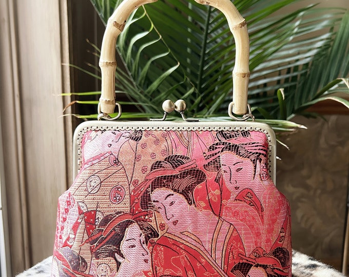 Handmade Japanese Brocade Kiss Lock Clutch with Bamboo Handle