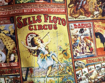 Vintage Circus Fabric: 100% Cotton, Brown, Orange, Yellow, By The Yard
