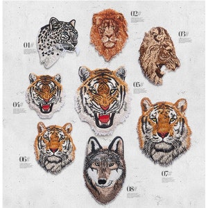 May include: Eight embroidered iron-on patches featuring different animals: a leopard, a lion, a tiger, a wolf, and four different tigers. The patches are on a white background.