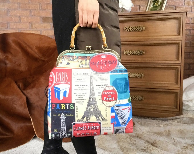 Eiffel Tower Fabric Kiss Lock Clutch: Handmade Bamboo Handle Purse