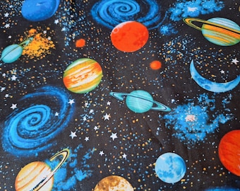 Planet Stars Print Cotton Fabric: Space Galaxy Pattern