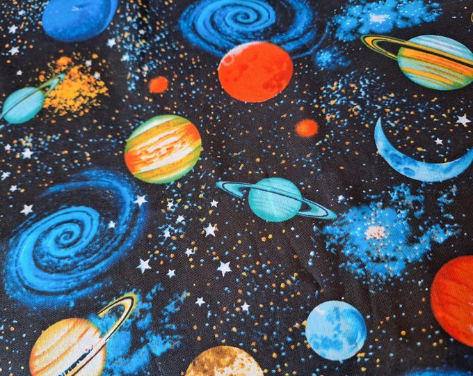 Planet Stars Print Cotton Fabric: Space Galaxy Pattern