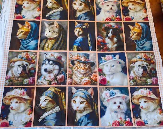 Cat Palace Cotton Fabric: Retro Painting Block Print - By The Pattern