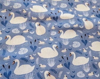 Blue Cotton Fabric: White Swan Print, Kids Clothes Fabric