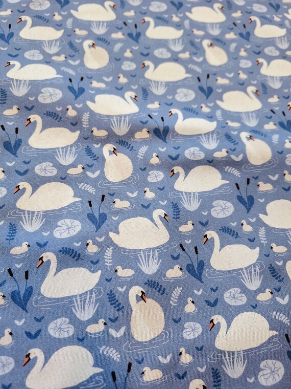Blue Cotton Fabric: White Swan Print, Kids Clothes Fabric