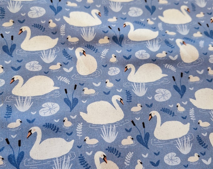 Blue Cotton Fabric: White Swan Print, Kids Clothes Fabric