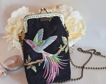 Handmade Velvet Crossbody Clutch: Embroidered Bird & Flower Kiss Lock Purse