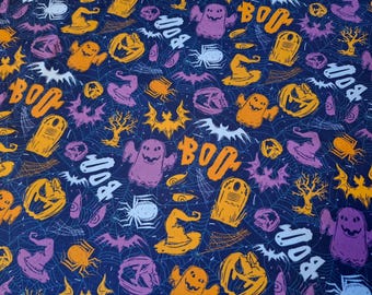 Halloween Cotton Fabric: Pumpkin, Ghost, Bat Print - Navy Orange Purple