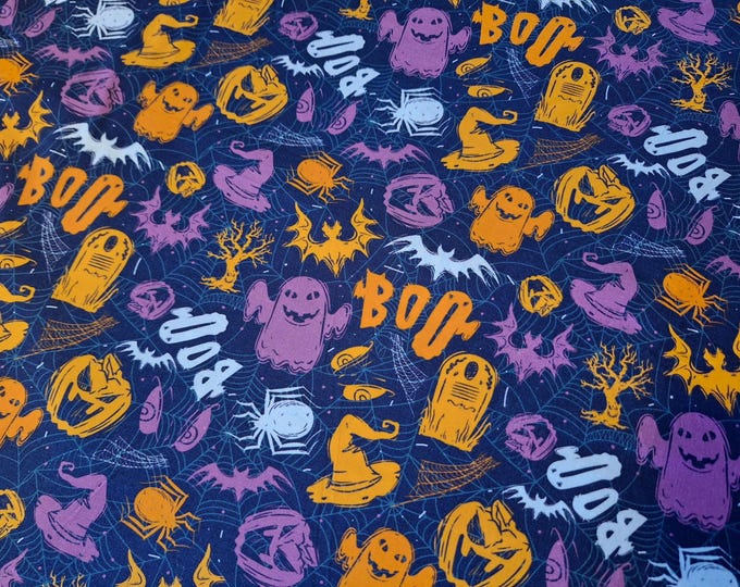 Halloween Cotton Fabric: Pumpkin, Ghost, Bat Print - Navy Orange Purple