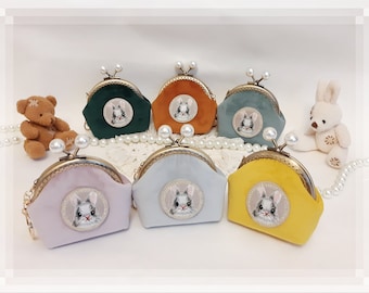 Embroidered Bunny Velvet Coin Purse, Kiss Lock Frame, Personalized Gift