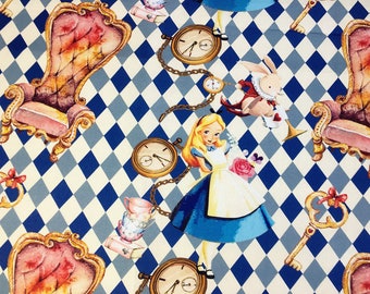 Alice in Wonderland Fabric: Blue White Plaid Cotton, Sewing Quilting