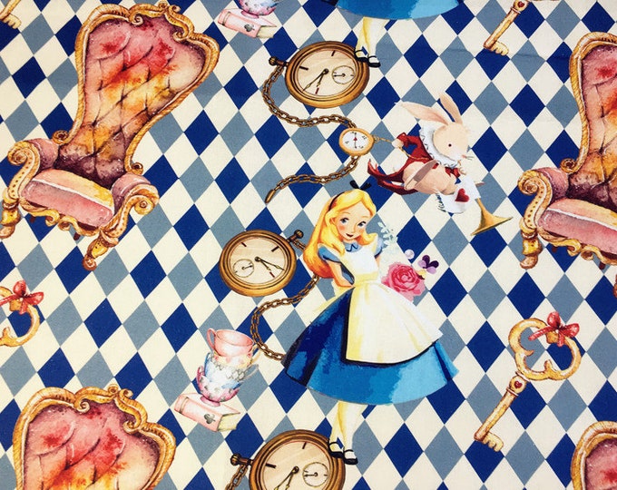 Alice in Wonderland Fabric: Blue White Plaid Cotton, Sewing Quilting