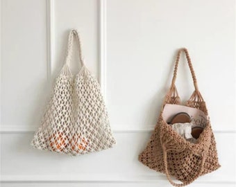 Macrame summer bag zippered cotton linner bag Boho handbag Cotton rope handmade bag net bag beach bag shopping bag grocery bag