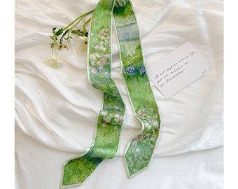 Extra length ribbon scarf, Oil painting flower pattern silk scarf, hair band, accessories bag charm