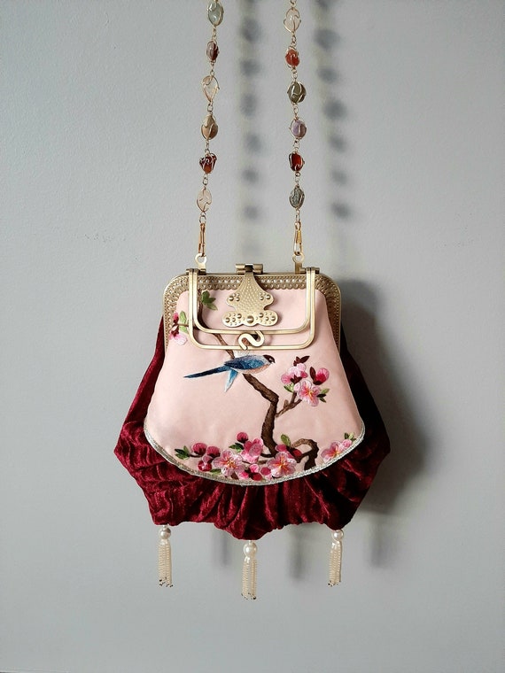 Clearance Sale Homemade Kiss Lock Frame Purse Christmas Handbag Embroidery Velvet 18th Century Lady Handbag Natural Stone Chain Women s Bag Etsy