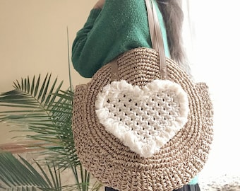 Clearance Sale crocheted straw bag Heart Macrame raffia bag beach bag straw shoulder bag round summer bag tote bag women's bag