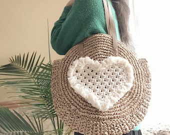 Heart Macrame raffia bag Limited beach bag straw shoulder bag crocheted straw bag round summer bag tote bag women's bag accept customization