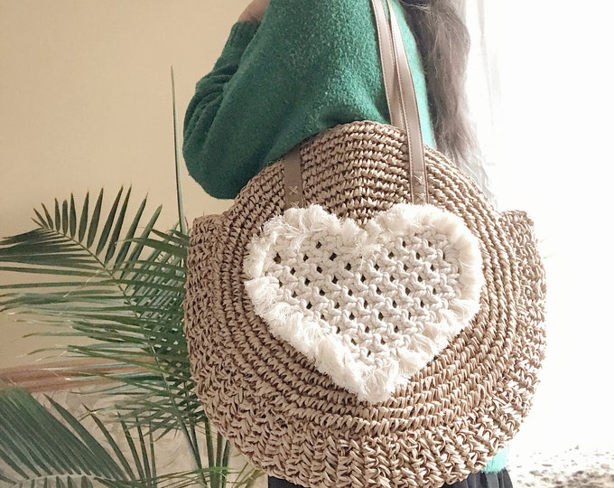 Clearance Sale crocheted straw bag Heart Macrame raffia bag beach bag straw shoulder bag round summer bag tote bag women's bag