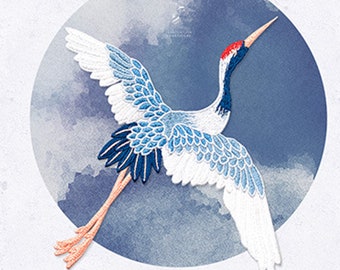 Red Crown Crane Embroidery Patch: Sew-On Applique for Clothing