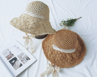 Handmade crocheted Summer hat beach hat for women sun hat raffia hat straw hat adjustable hat circumference  Collapsible hat