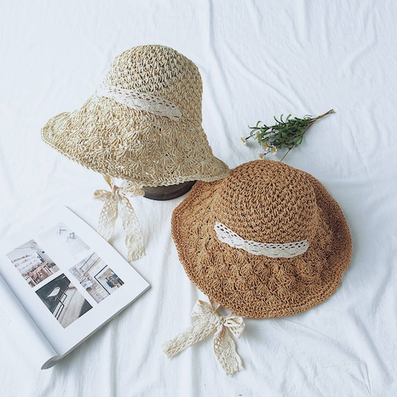 Handmade Crocheted Summer Hat Beach Hat for Women Sun Hat Raffia Hat Straw  Hat Adjustable Hat Circumference Collapsible Hat 