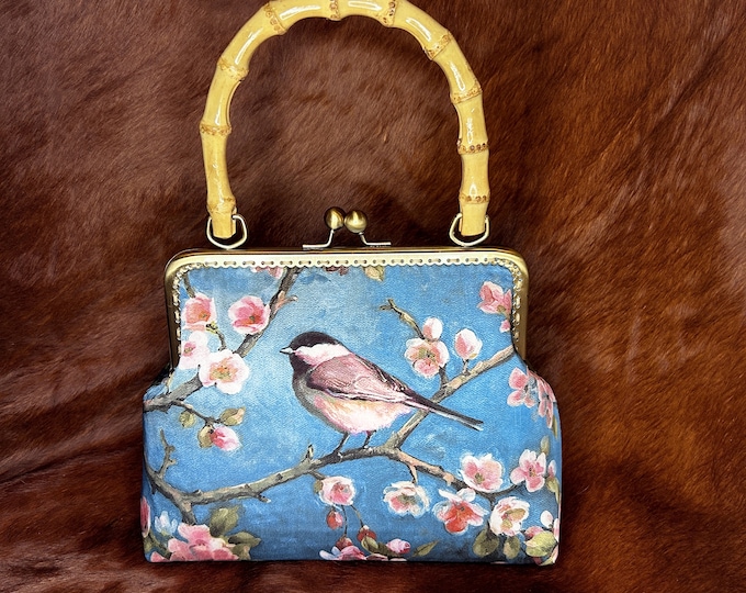 Handmade Silk Kiss Lock Clutch: Bamboo Handle, Floral Bird Design