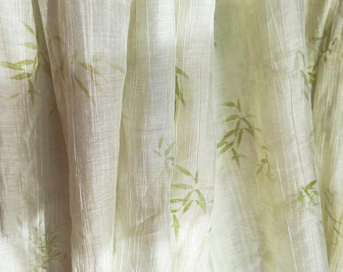 Tencel Crepe Fabric: Light Green Bamboo Leaf Print, Plant Fiber Cloth