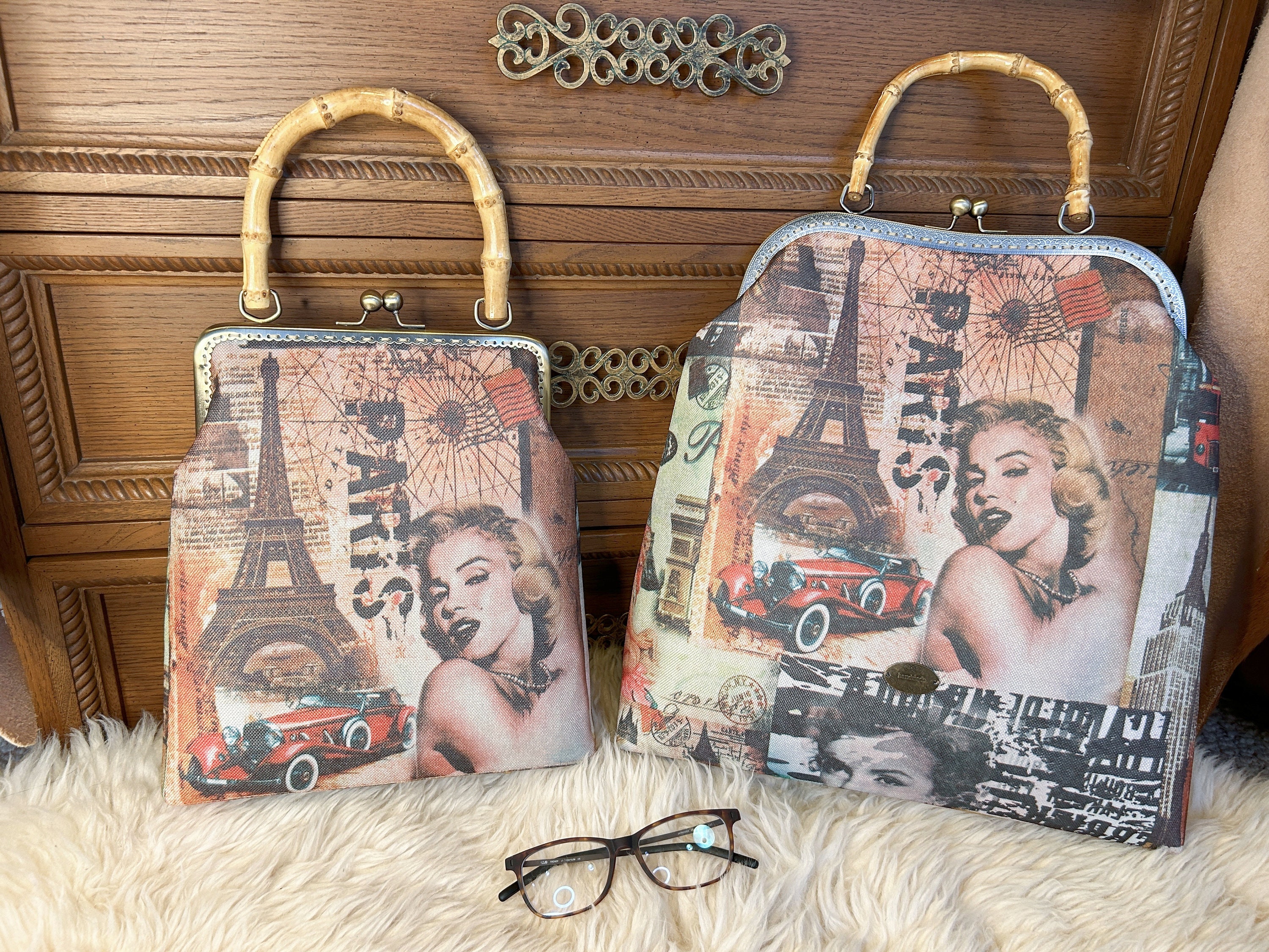 Kiss Lock Clutch Purse Vintage Fabric Frame Purse Marilyn Monroe Paris Eiffel Tower Bamboo Handle Bag Women's Fashion Handbag Party Evening