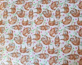 Sloth Pure Cotton Fabric, Watercolour Sloths on Branches with Flowers Sewing, Quilting Fabric