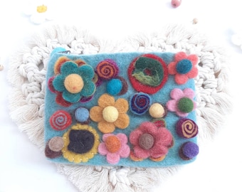 100% wool Hand knit wallet floral felted phone bag wool purse coin pocket change purse flowers coin purse colourful felted wool change purse