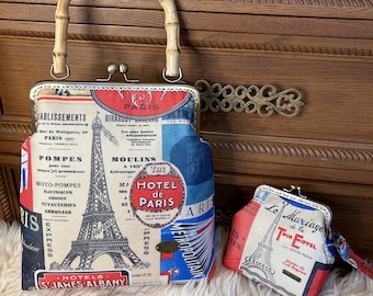 Cartera de mano con cierre de beso de la Torre Eiffel: Bolso vintage de hotel parisino con asa de bambú.
