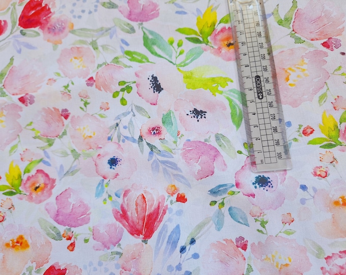 Watercolor Floral Cotton Fabric: Spring Sewing Quilting Cloth