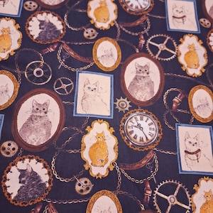 May include: A dark blue fabric with a repeating pattern of cats in ornate frames, gears, chains, and clocks. The cats are in various poses and have different colored fur.
