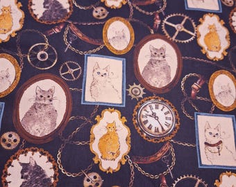 Cat & Clock Gear Cotton Fabric: Vintage Calico Pattern