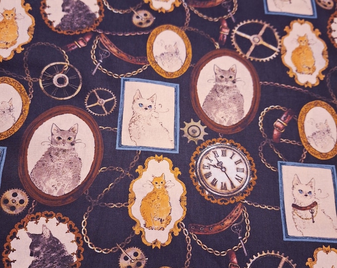 Cat & Clock Gear Cotton Fabric: Vintage Calico Pattern