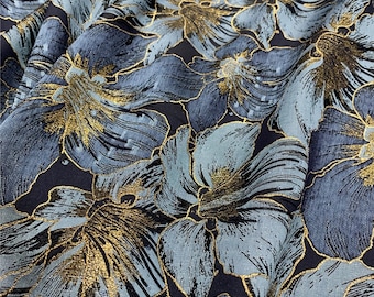 Gold Thread Jacquard Fabric: Large Blue Floral Polyester Sewing Quilting