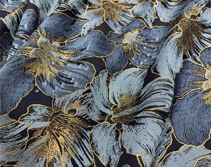 Gold Thread Jacquard Fabric: Large Blue Floral Polyester Sewing Quilting