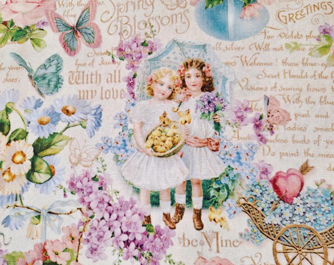 Vintage Floral Cotton Fabric: Spring Blossoms, Easter Greetings