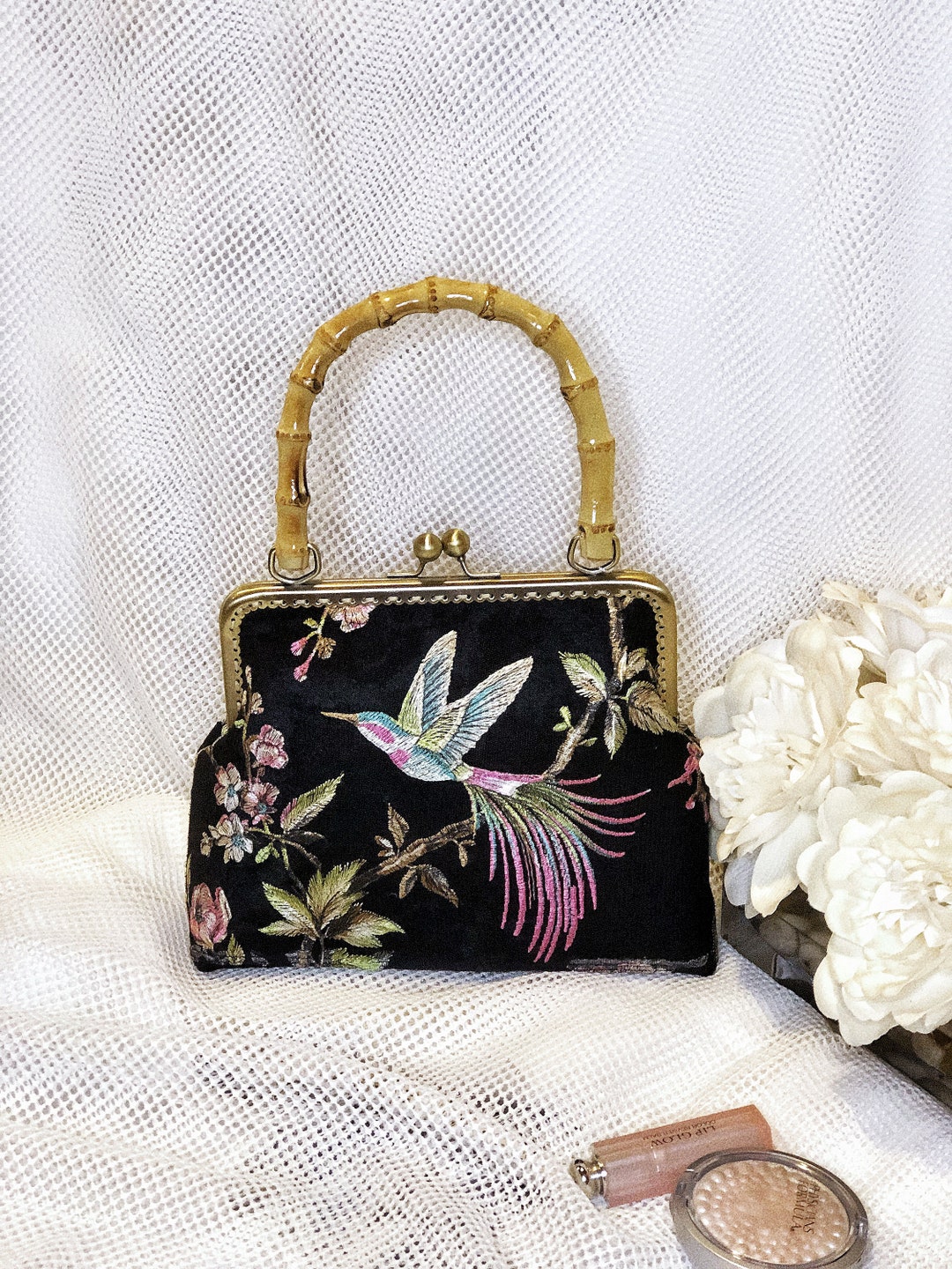 Japanese Vintage Beaded Bag For Kimono Silk/Ivory/Multicolor