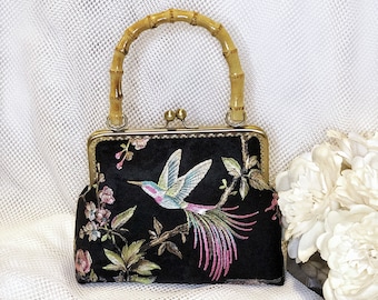 Handmade Vintage Velvet Clutch: Embroidered Bird, Bamboo Handle