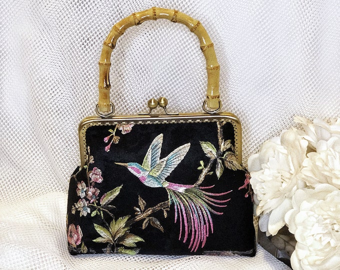 Handmade Vintage Velvet Clutch: Embroidered Bird, Bamboo Handle