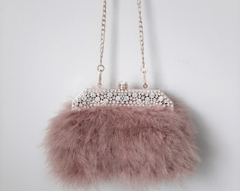 Ostrich Feather Clutch: Handmade Bridal Handbag with Diamond Frame