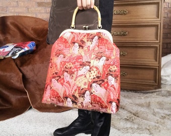 Japanese Brocade Kiss Lock Clutch: Bamboo Handle Evening Bag